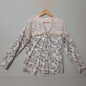 Calvin Klein Women Animal Print Top Blouse Shirt Size S Button Up V Neck Boho